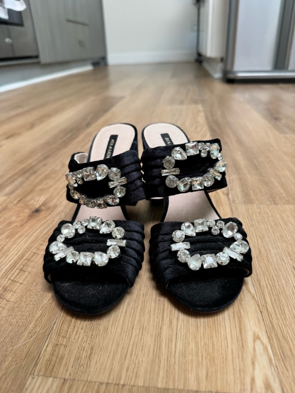 Ava & Aiden Black Crystal-Embellished Ruched Slide Heels